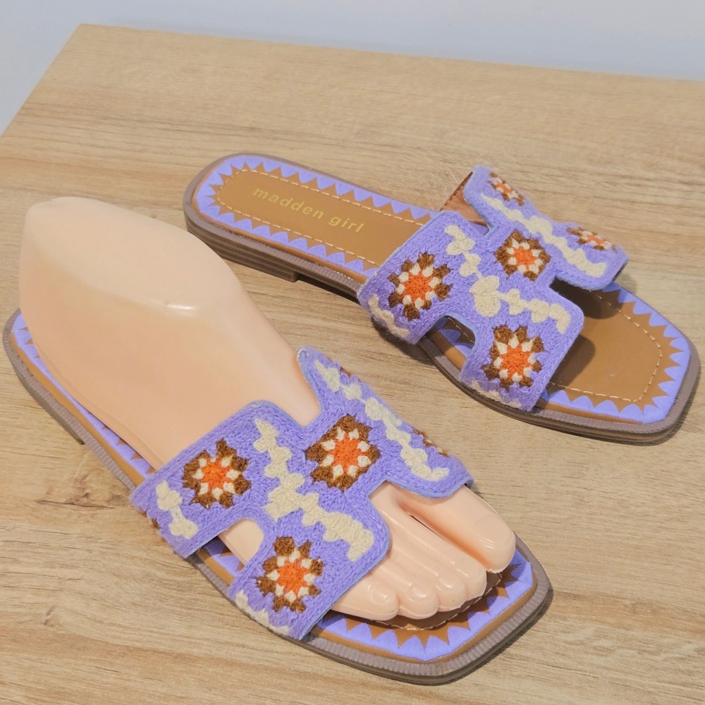 Madden Girl Hally Purple Crochet Floral Slide Sandals Womens 6.5 Boho Hippie EUC